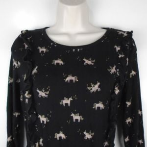 Girls Black Unicorn Dress  Ruffle Detail Long Sleeve